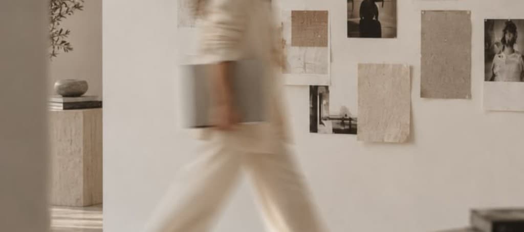 A person walking past a wall of photographs
